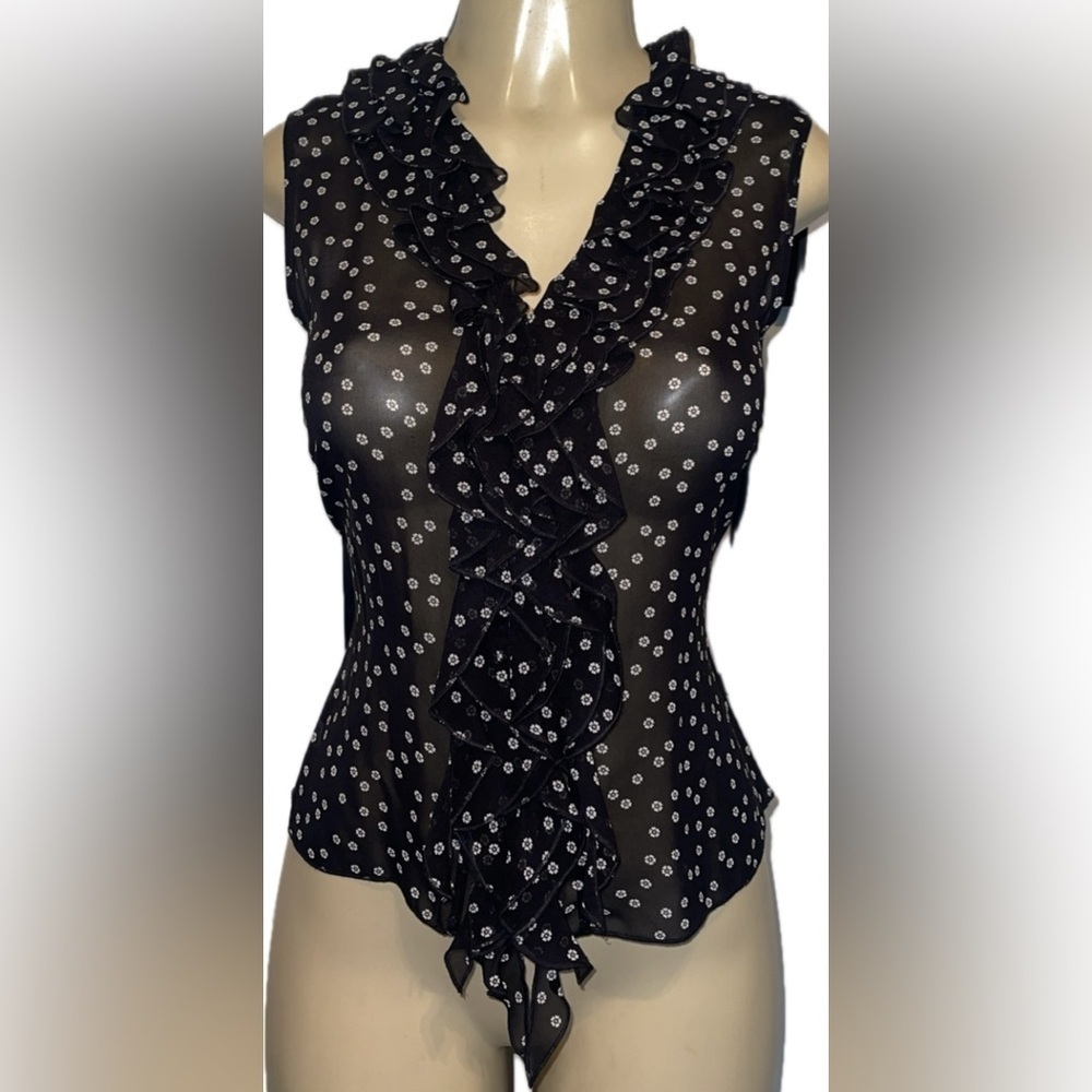 i.e. 50s-Inspired Sheer Silk Daisy Blouse Black & White Ruffle Collar Top S NWOT
